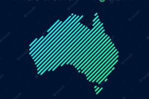 Vector neon flat map of australia with green turquoise striped texture on dark blue background