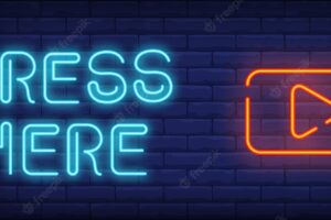 Video play neon style banner. press here text and start button on brick background.