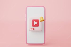 Video player badge with subscription bell and mobile phone device blank screen on pink background live streaming entertainment business media content creator via smartphone concept 3d rendering