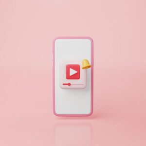 Video player badge with subscription bell and mobile phone device blank screen on pink background live streaming entertainment business media content creator via smartphone concept 3d rendering
