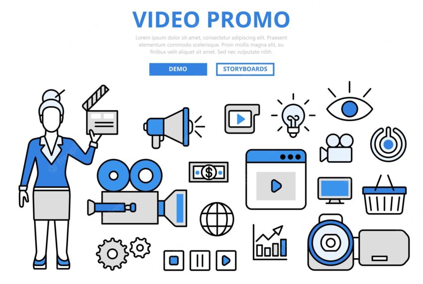 Video promo digital marketing promotion technology concept flat line art  icons.