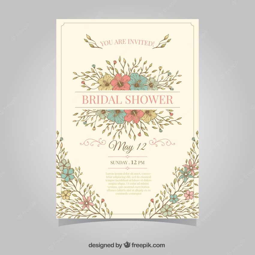 Vintage bridal shower invitation with colored flowers