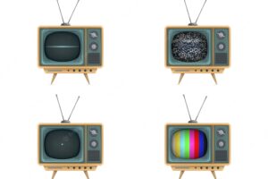 Vintage tv set, television. turning on, off, white noise, test card, start-up