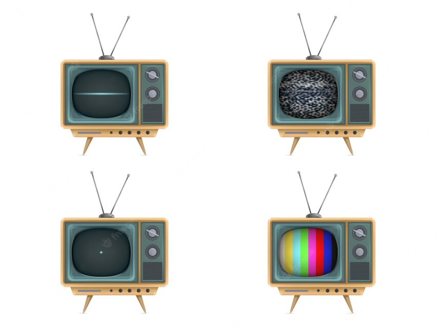 Vintage tv set, television. turning on, off, white noise, test card, start-up