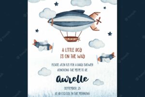 Watercolor baby shower invitation card template with zeppelin and sky scene illustration