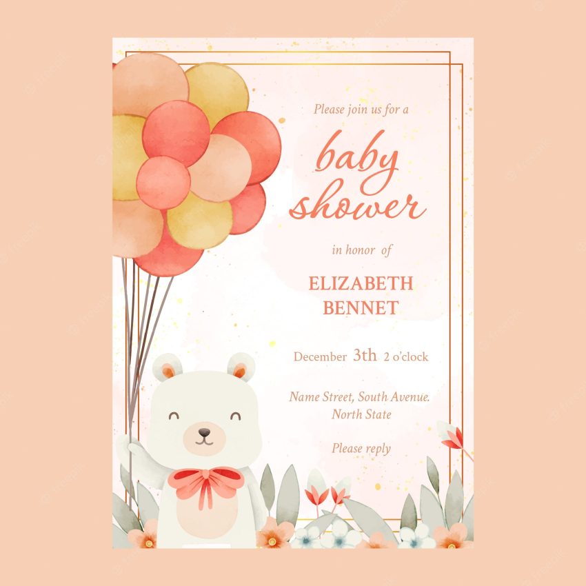 Watercolor baby shower invitation with balloons
