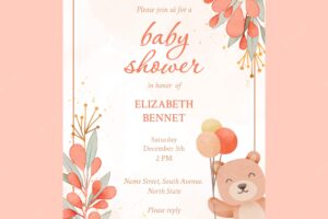 Watercolor baby shower invitation with cute bear