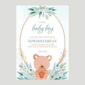 Watercolor baby shower invitation with teddy bear
