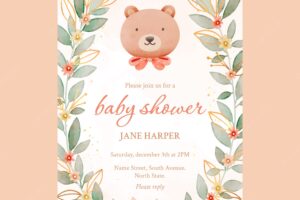 Watercolor teddy bear baby shower invitation