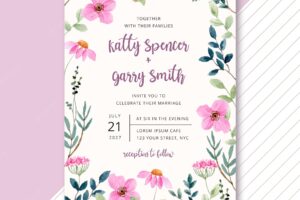 Wedding invitation with pink floral watercolor frame
