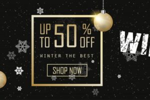 Winter sale banner golden christmas balls season shopping template special discount offer black background poster flat