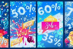 Winter sale offer banner super season retail template discount promotion poster design cartoon style