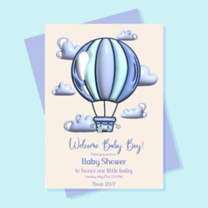 3d baby shower invitation with cartoon hot air balloon on blue and beige background it s a boy vector illustration