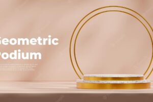 3d rendering mockup template marble and gold texture podium in landscape with circle backdrop