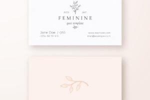 Abstract feminine leaf branch vector sign or logo and business card template premium stationary realistic mock up modern typography and soft shadows gentle pastel colors