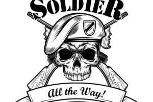 Airborne forces soldier vector illustration. skull in beret with crossed riffles and a;; the way text. military or army concept for emblems or tattoo templates