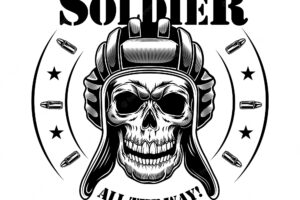 American tankman skull vector illustration. heal of skeleton in tankman hat, circular frame with stars and bullets, all the way text. military or army concept for emblems or tattoo templates