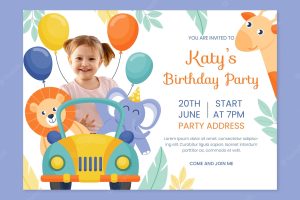 Animals birthday invitation template with photo