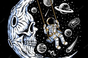 Astronaut playing swing on skull moon