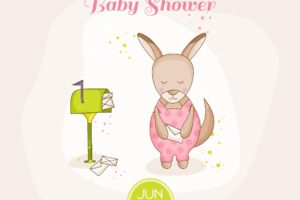 Baby girl kangaroo with mail - baby shower or arrival card - in