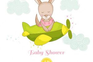 Baby shower or arrival card - baby girl kangaroo flying on a plane - in