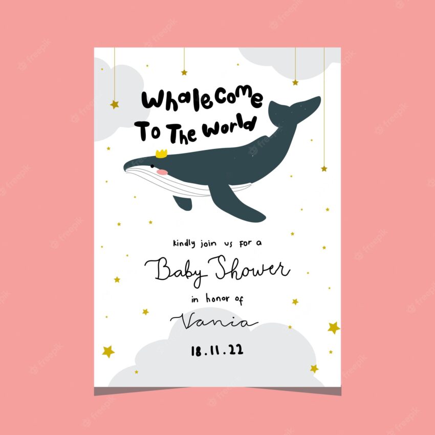 Baby shower card design with whale flat illustration