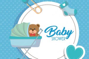 Baby shower card with bear teddy in cart