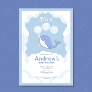 Baby shower invitation card with cute whales sea background