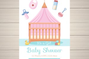 Baby shower invitation template with bed