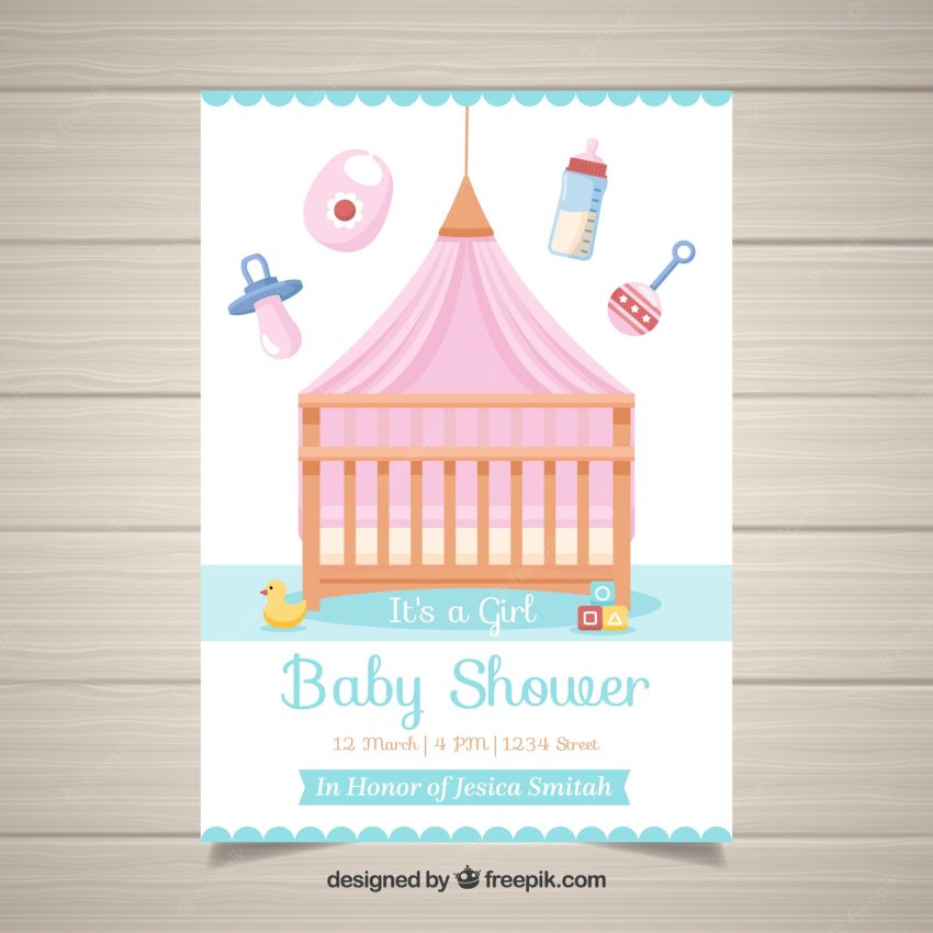 Baby shower invitation template with bed