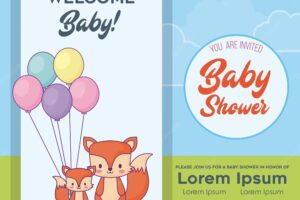 Baby shower invitation template with cute foxes with colorful ballons over blue background, vector i