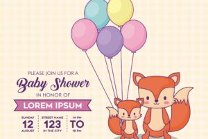 Baby shower invitation template with cute foxes with colorful ballons over orange background, vector