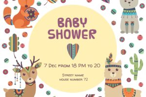 Baby shower invitation template with ethnic animals