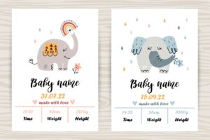 Baby shower invitation templates with cute elephants date of birth height weight