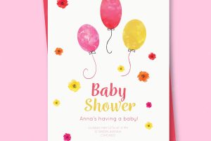 Baby shower invitation with balloons in watercolor style