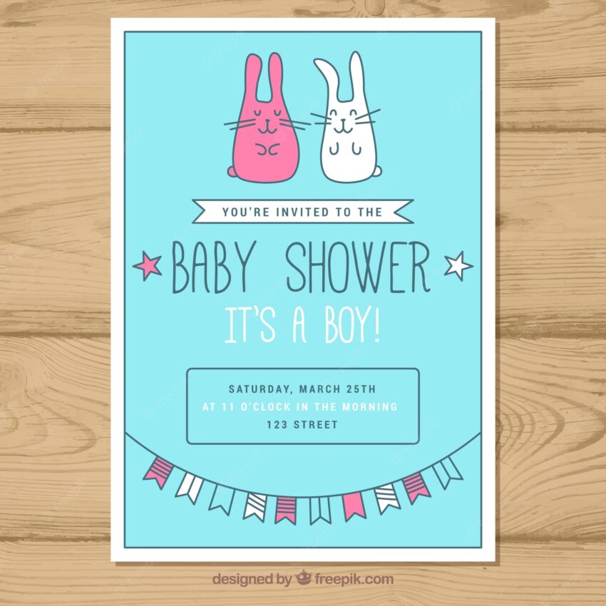 Baby shower invitation with bunnies in flat style