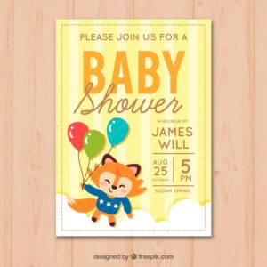 Baby shower invitation with cute fox in hand drawn style