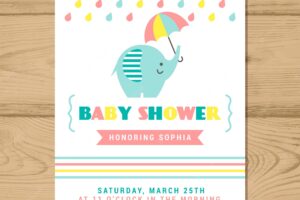 Baby shower invitation with elephant in flat style