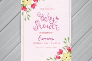 Baby shower invitation with flowers in watercolor style