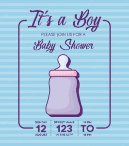 Baby shower invitation with its a boy concept with cute baby bottle icon over blue background, color