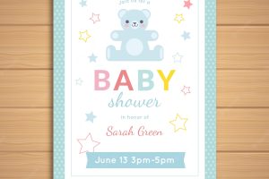 Baby shower invitation with teddy bear in flat style
