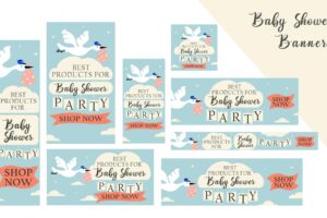 Baby shower party products amp children events web banners amp google ads with stork illustration
