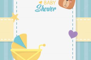 Baby shower square card with little bear teddy and baby cart