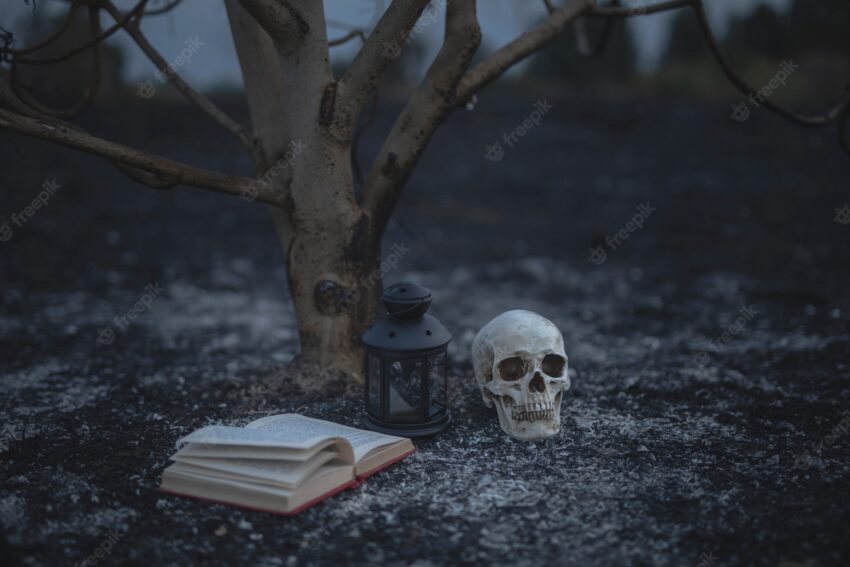 Beautiful halloween concept with spell books and skull