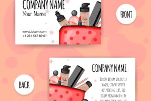 Beauty business card with cosmetic bag and beauty products cartoon style vector illustration