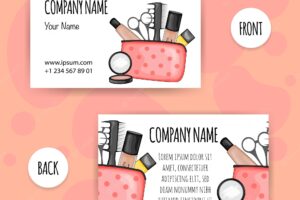 Beauty business card with cosmetic bag and cosmetics cartoon style vector illustration
