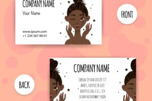 Beauty business card with dark skinned female character cartoon style vector illustration