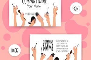 Beauty business card with female hands with cosmetic products. cartoon style. vector illustration.