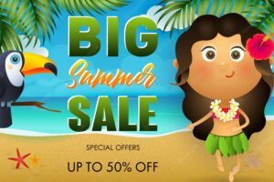 Big summer sale flyer design. toucan, hawaiian girl