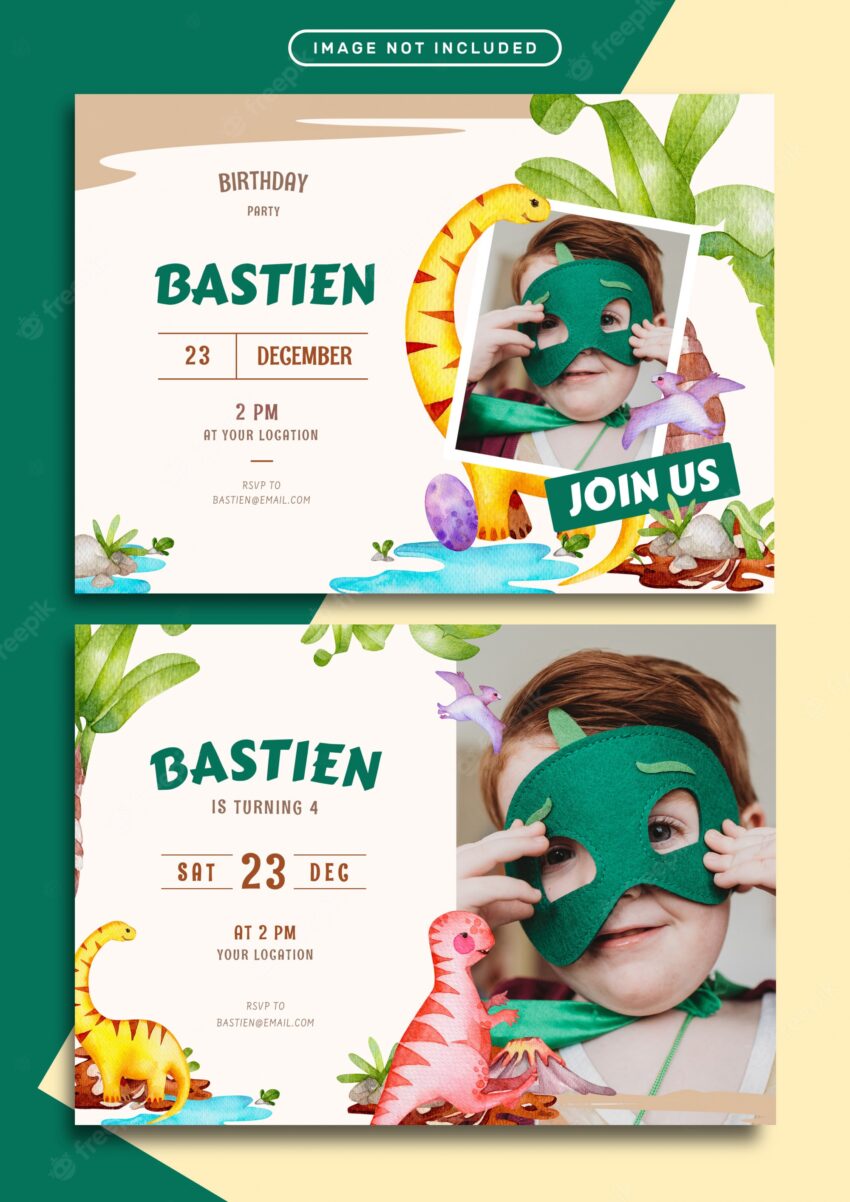 Birthday invitation card template with jurassic theme watercolor illustration